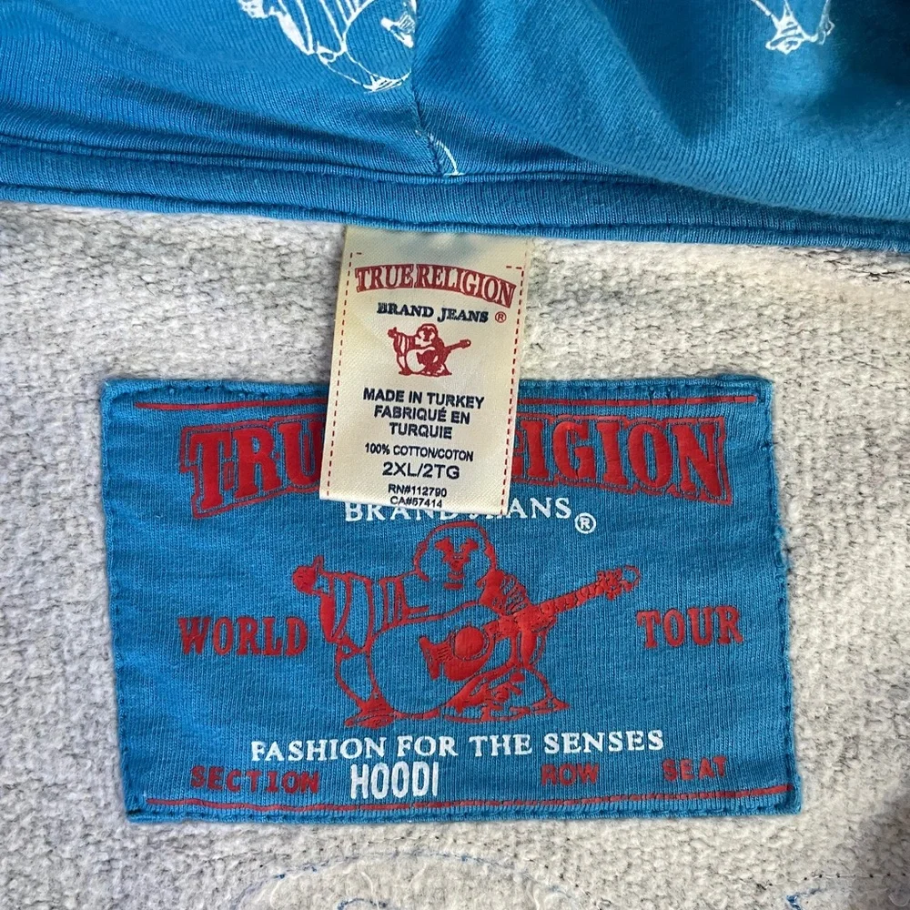 Y2K True Religion Raised Spellout Full Zip Hoodie Charcoal Blue Men’s 2XL🧡🎀